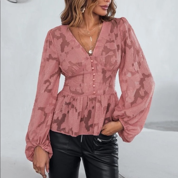 Romantic floral appliqué button detail peplum blouse redwood - Picture 7 of 16